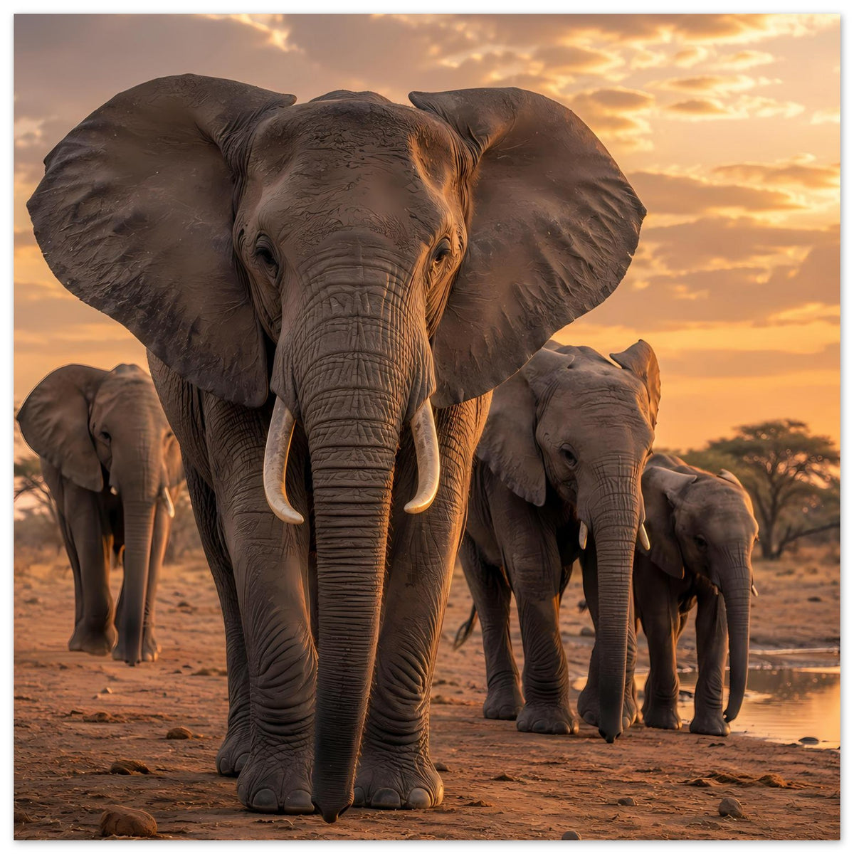 Elefantenherde-Poster mit Elefant vorn und mehreren Tieren im Hintergrund, warmes Abendlicht