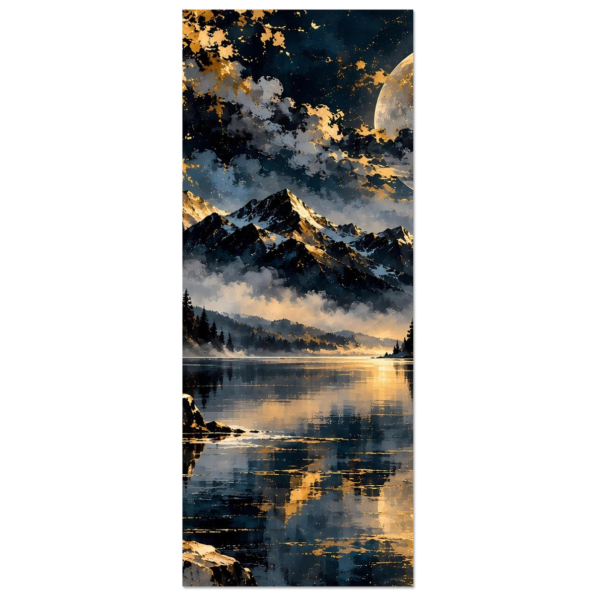 Landschaftsposter im Hochformat mit Vollmond über Bergsee, Wolken, Bergen und reflektierendem Wasser.