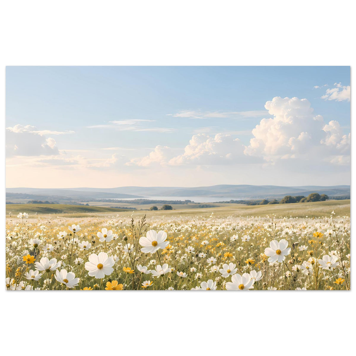 Horizontales Poster mit Wildblumenwiese, weißen Gänseblümchen und blauem Himmel im Rahmen