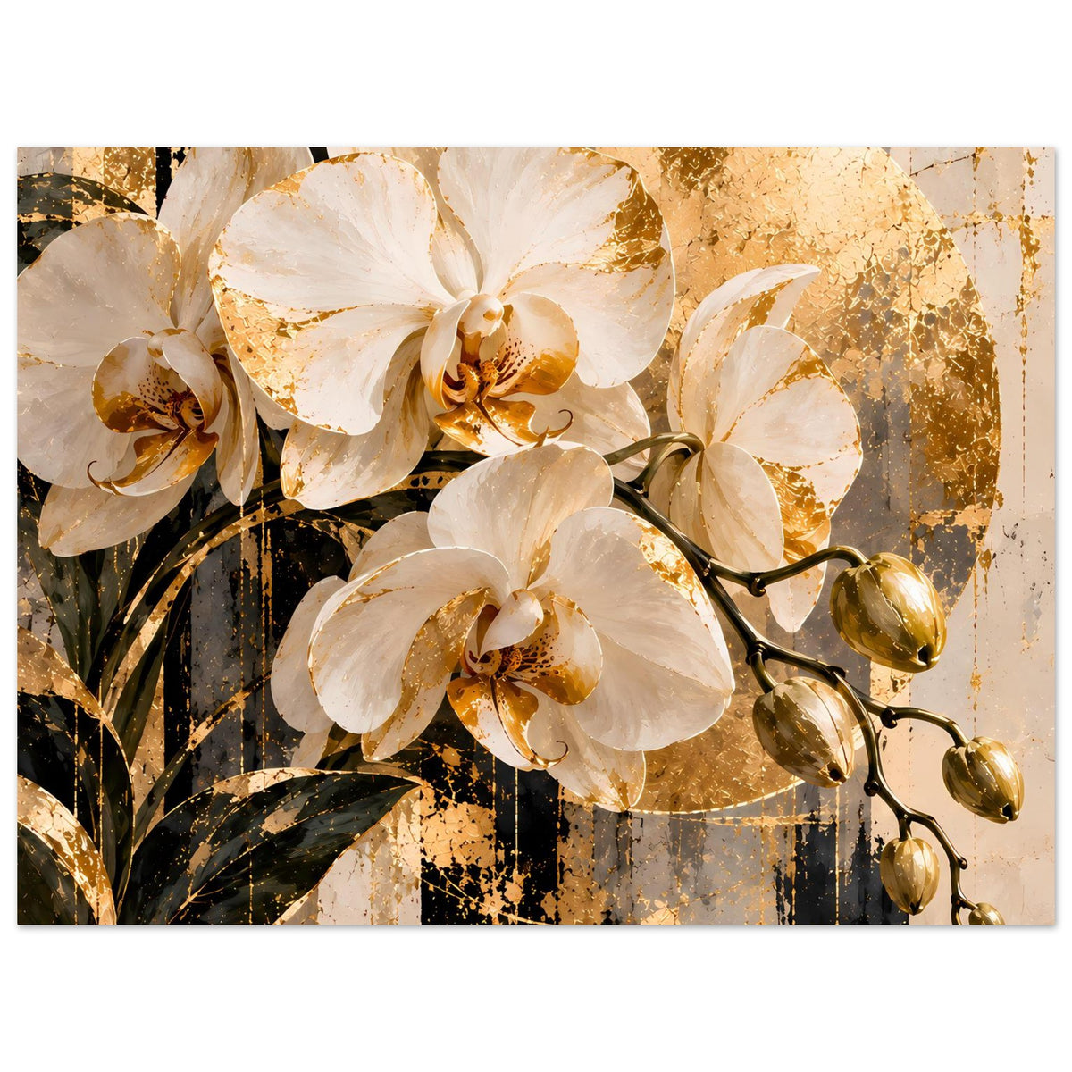 Blumenposter mit weißen Orchideenblüten und goldenen Lichteffekten, rechteckig.