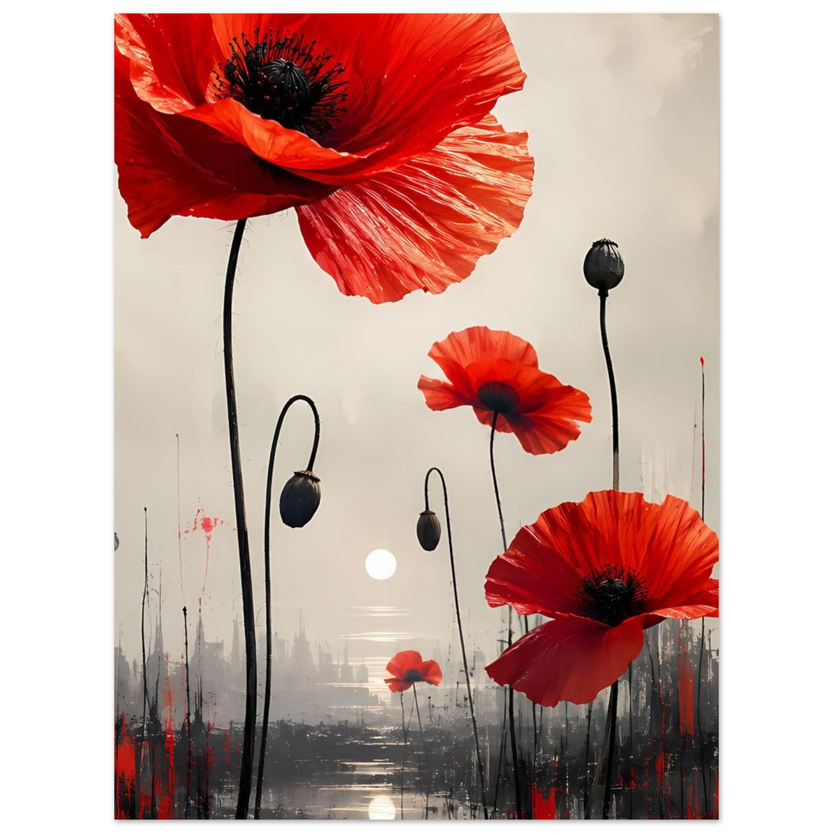 Abstraktes Blumenposter mit roten Mohnblüten, schwarzen Stielen und dunklen Samenköpfen