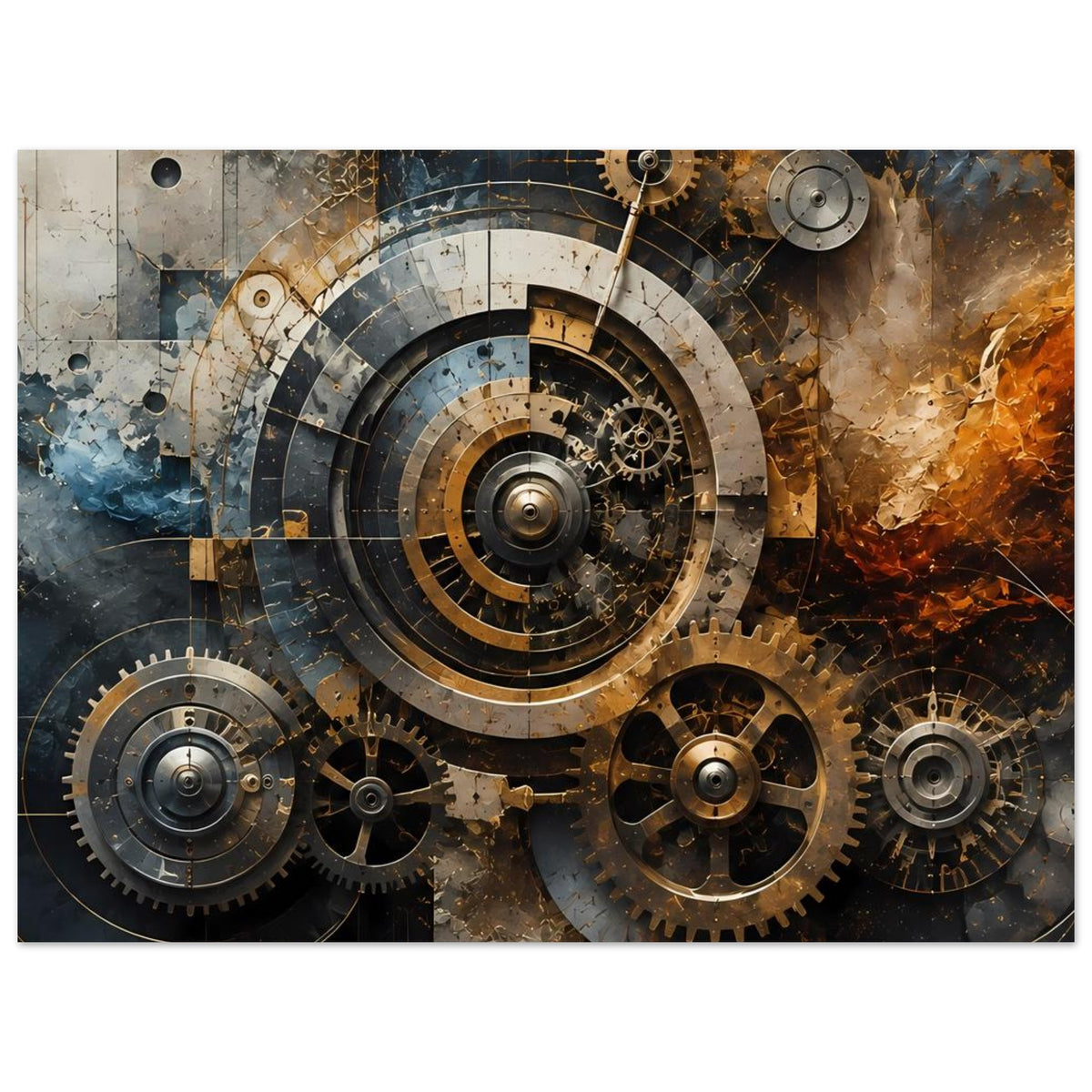 Steampunk-Zahnrad-Poster mit großen runden Zahnrädern und gold-rostfarbenen Akzenten