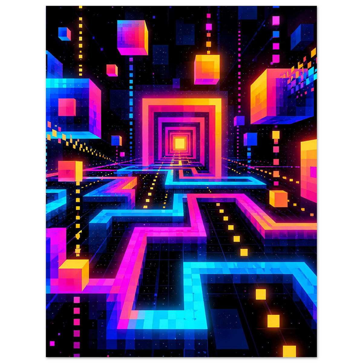 Neon-Labyrinth-Poster im Hochformat, farbige Neonkanten, viele Segmente, zentrale Zielscheibe