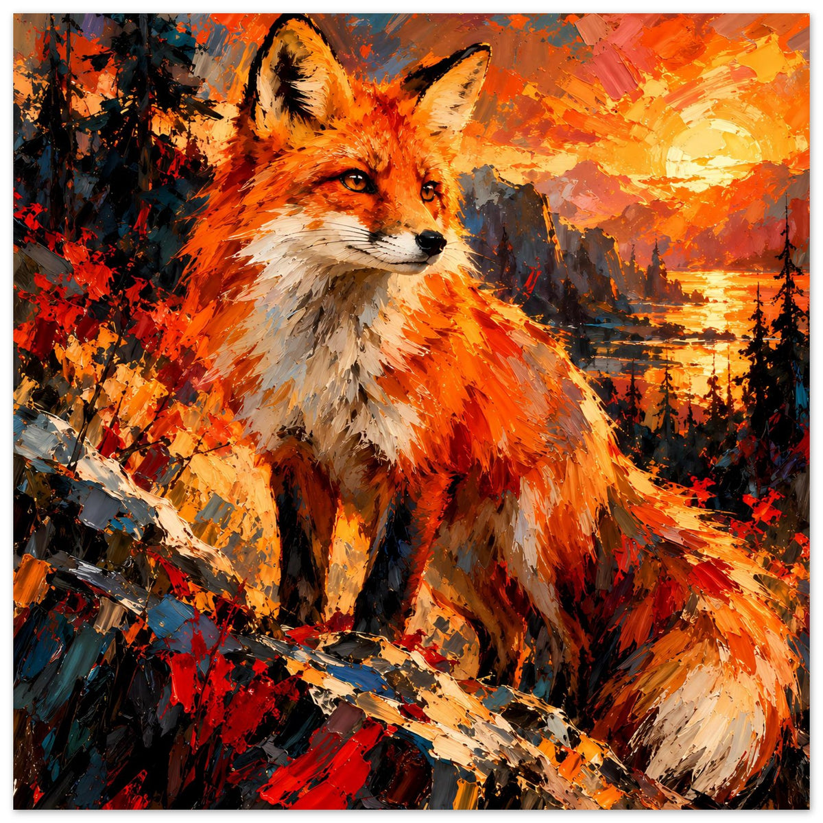 Fuchs-Poster im Farbklecks-Stil mit orangefarbenem Fell, Blick nach vorn, Waldbild im Hintergrund