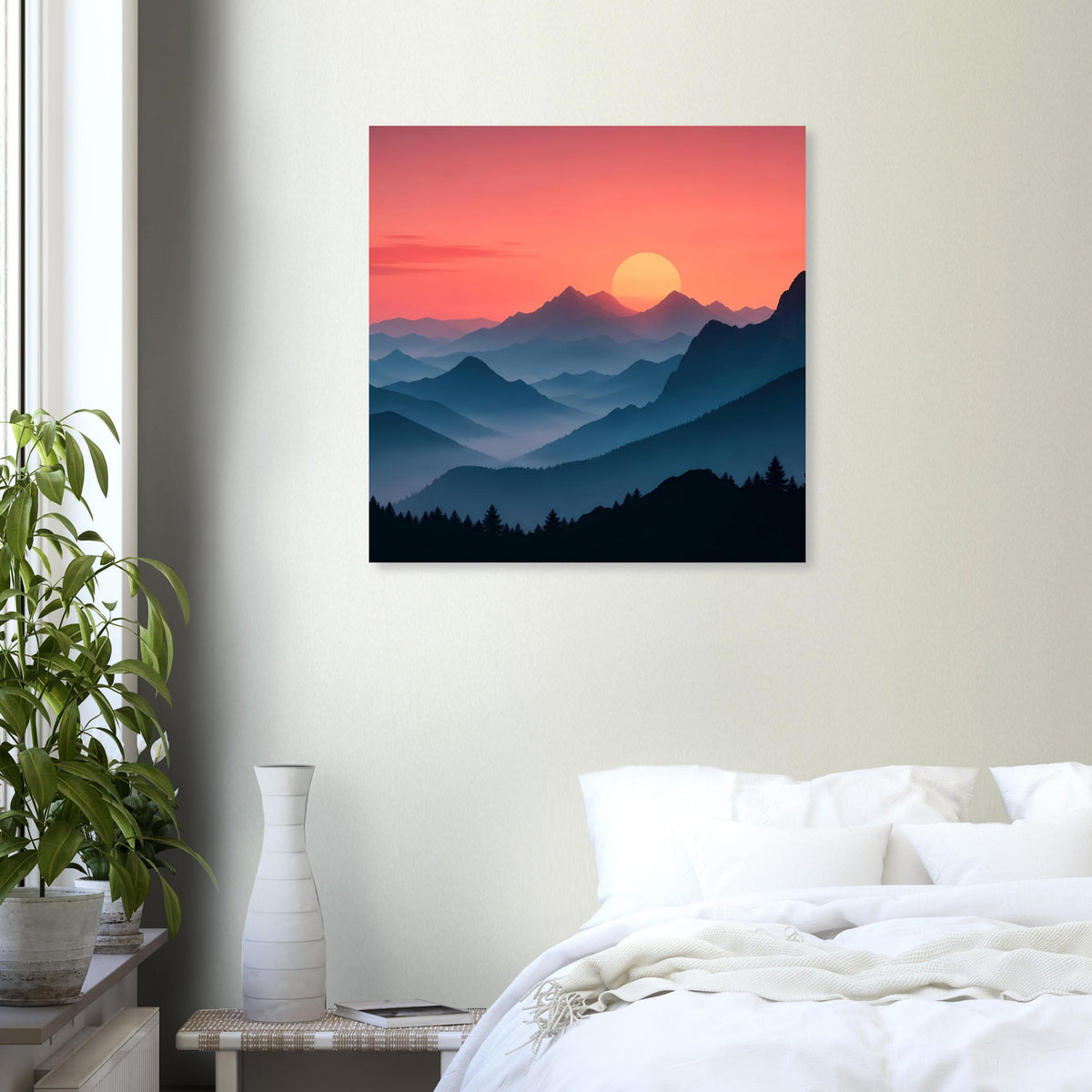 Landschaftsposter im Quadratformat: rosa Abendhimmel, gelbe Sonne, blaue Berge