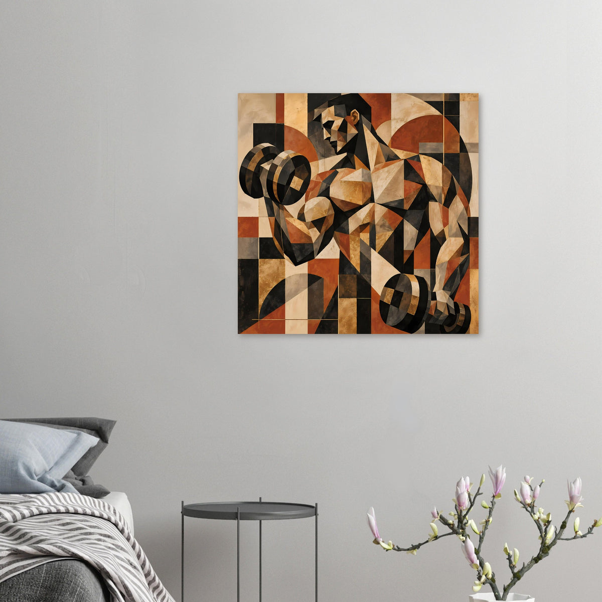 Gerahmtes abstraktes Poster in Erdtönen mit polygonalen Formen und Ringspiralen