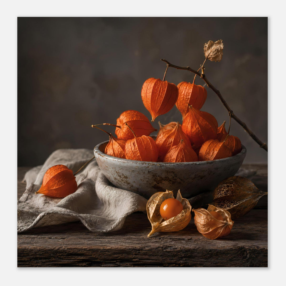 Herbstliches Poster: graue Schale mit orange Lampionfrüchten und Zweig, Tuch im Vordergrund