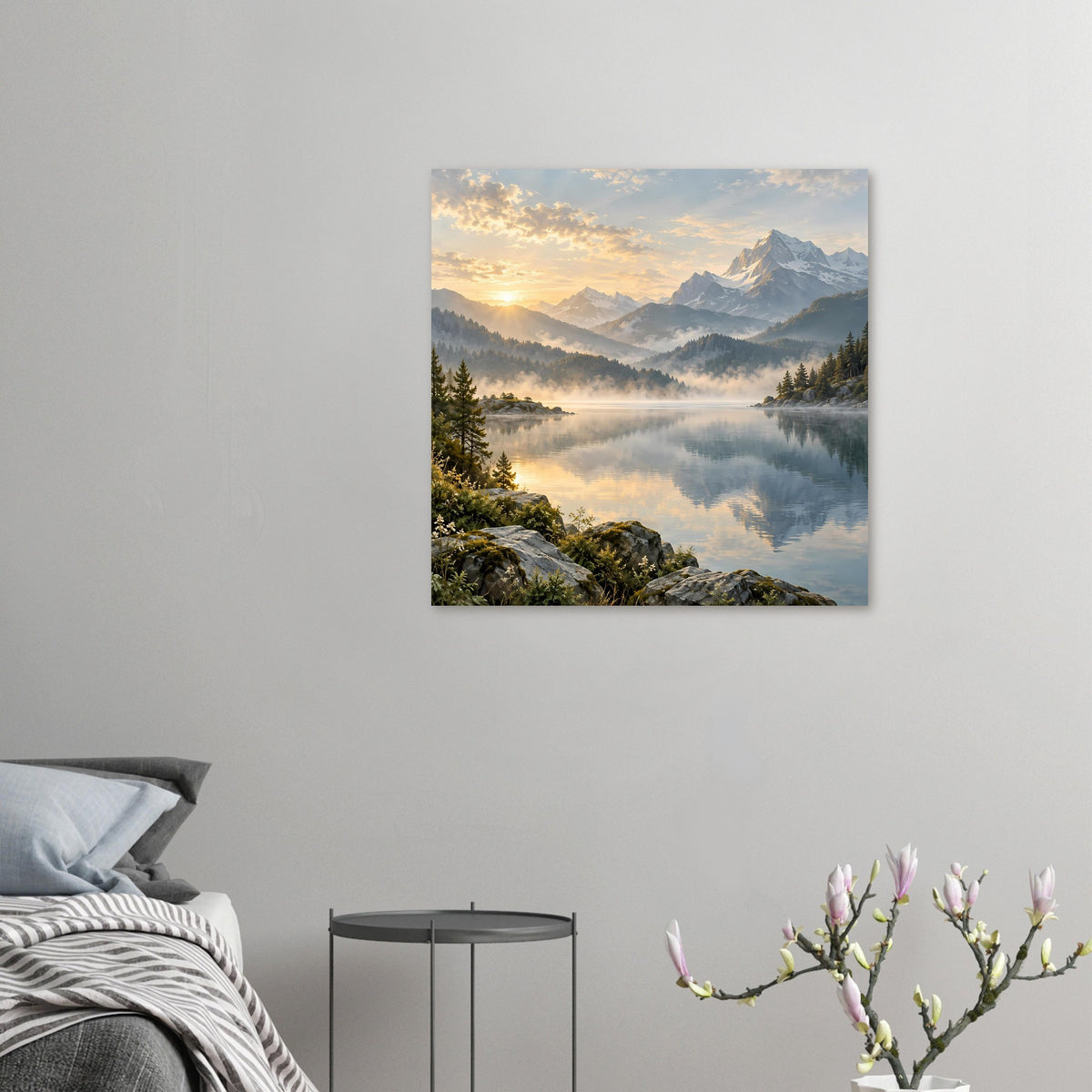 Landschaftsposter mit Sonnenaufgang über nebligem Bergsee, Berge, Wald und spiegelnder Wasserfläche