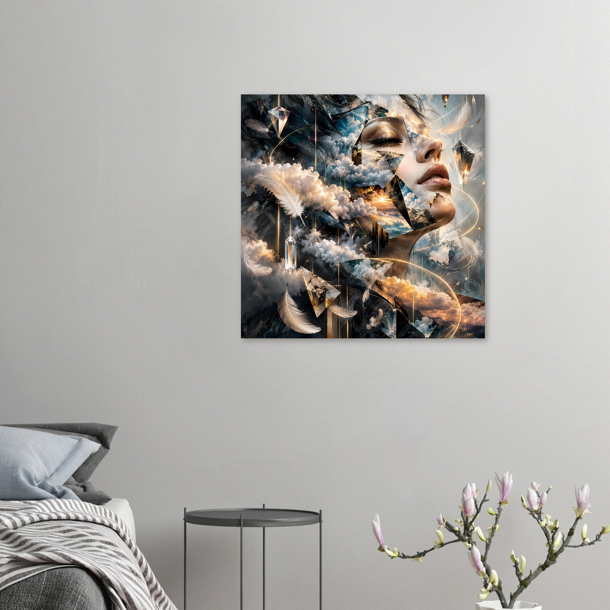 Poster an der Wand: surrealer Kunstdruck mit Frauenprofil, Wolken und Federakzenten