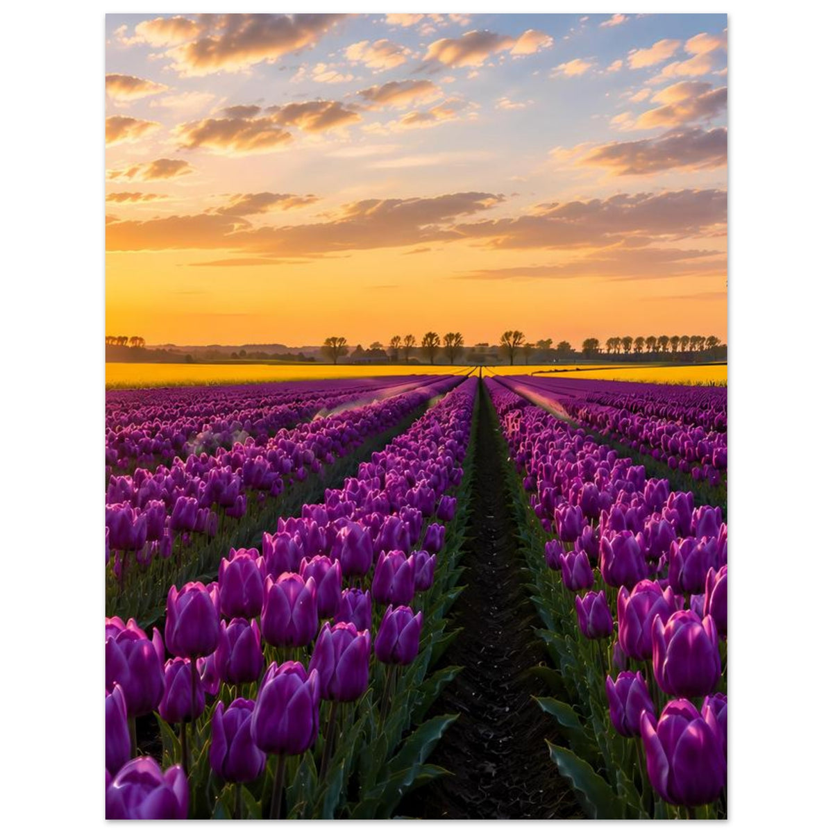 Vertikales Poster mit lila Tulpenfeldern und warmem Abendhimmel, Blick auf den Weg
