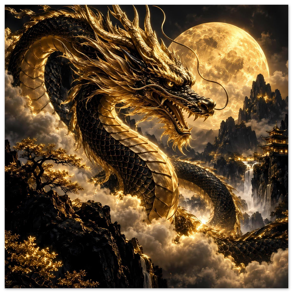 Drachenposter: goldener Drache über Wolken, Vollmondlicht und schimmernde Schuppen