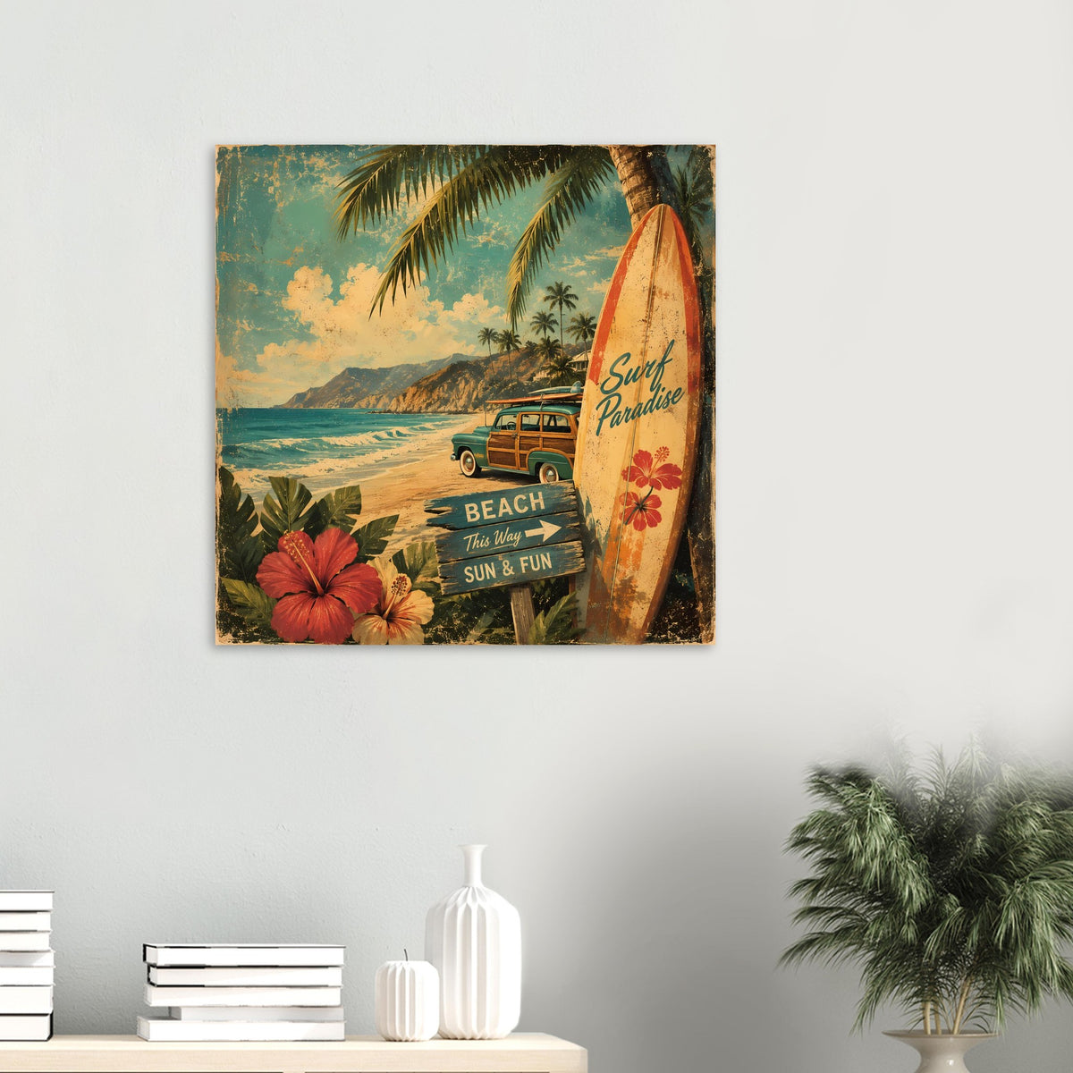 Vintage Beach-Poster mit Surfbrett, Palmen und Surf Paradise-Schriftzug