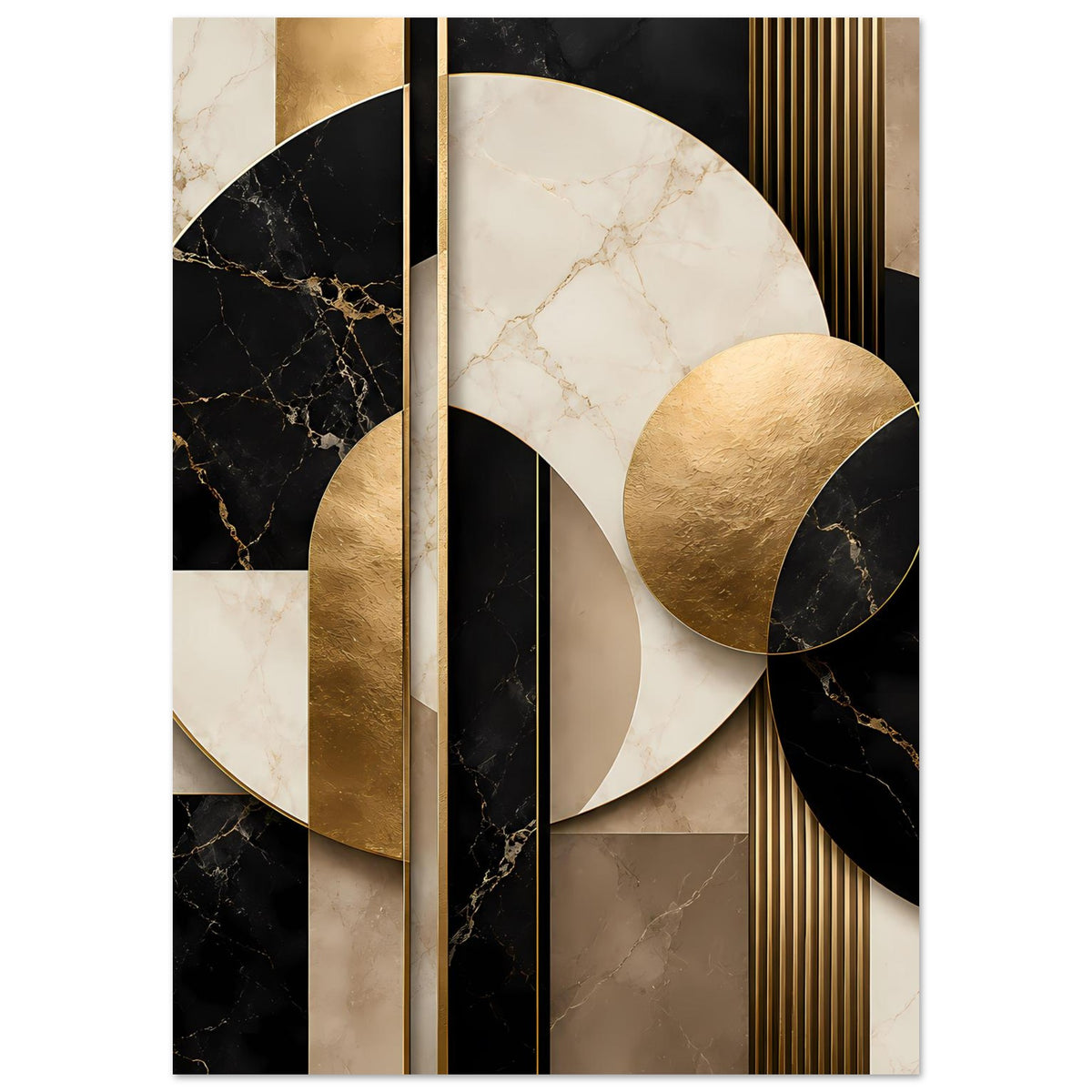Geometrisches Poster mit kreisförmigen Formen, goldfarbenem Element und Marmordetails
