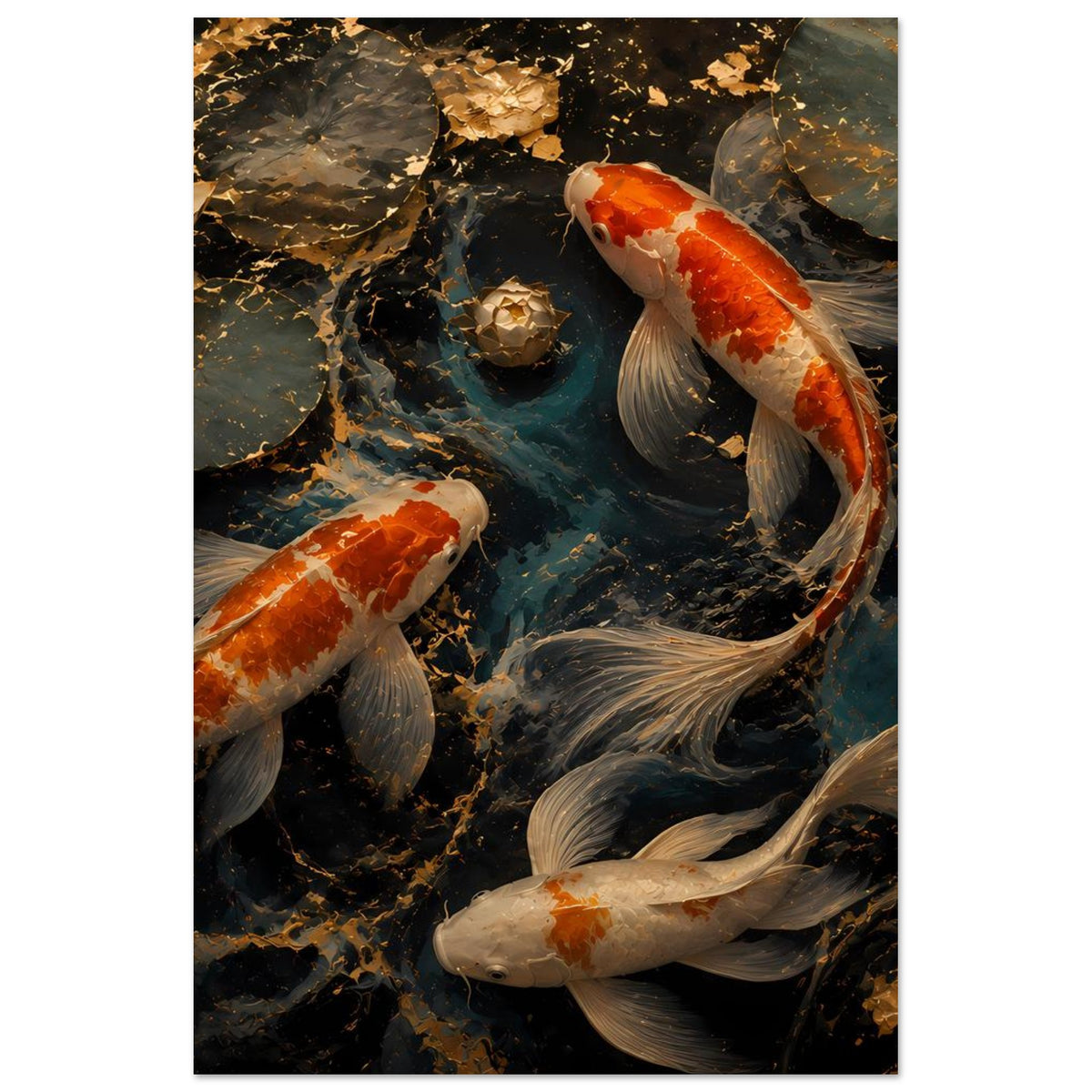 Koi-Teich Kunstposter im Hochformat: Karpfen mit langen Flossen vor dunklen Steinen.