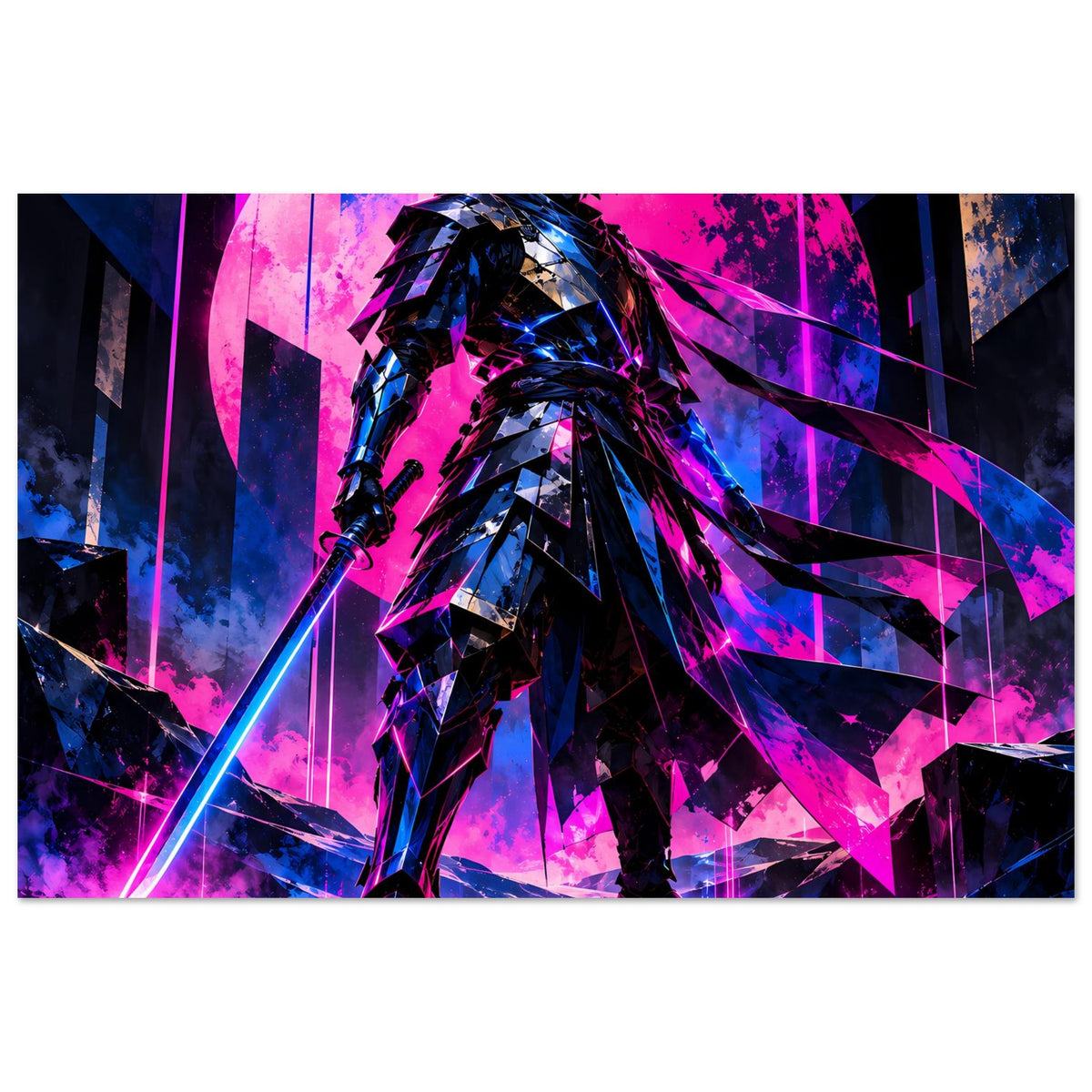 Poster Querformat: Cyberpunk-Samurai in Neon-Pink und Blau, detailreiche Rüstung