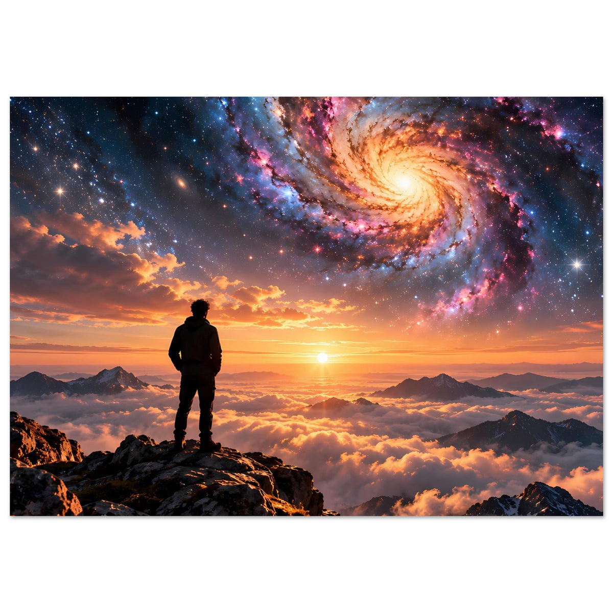 Querformat-Poster: Silhouette auf Felsen, Spiralgalaxie und Sonnenuntergang über Bergen