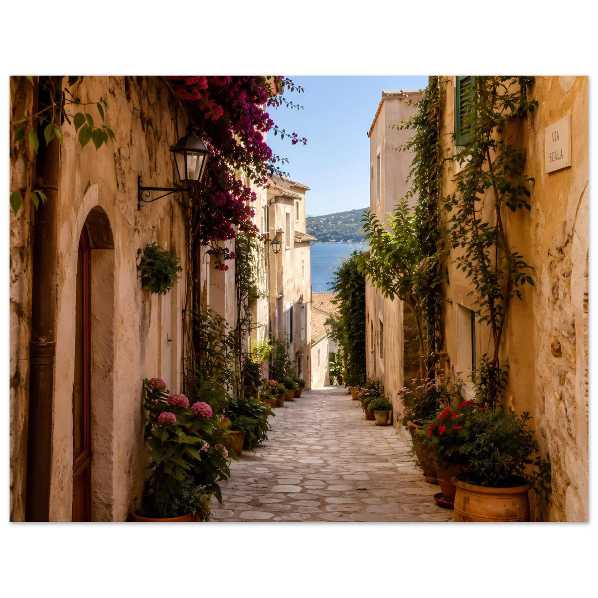 Poster: mediterrane Gasse mit lila Blütenzweigen, grünen Pflanzen in Töpfen am Rand