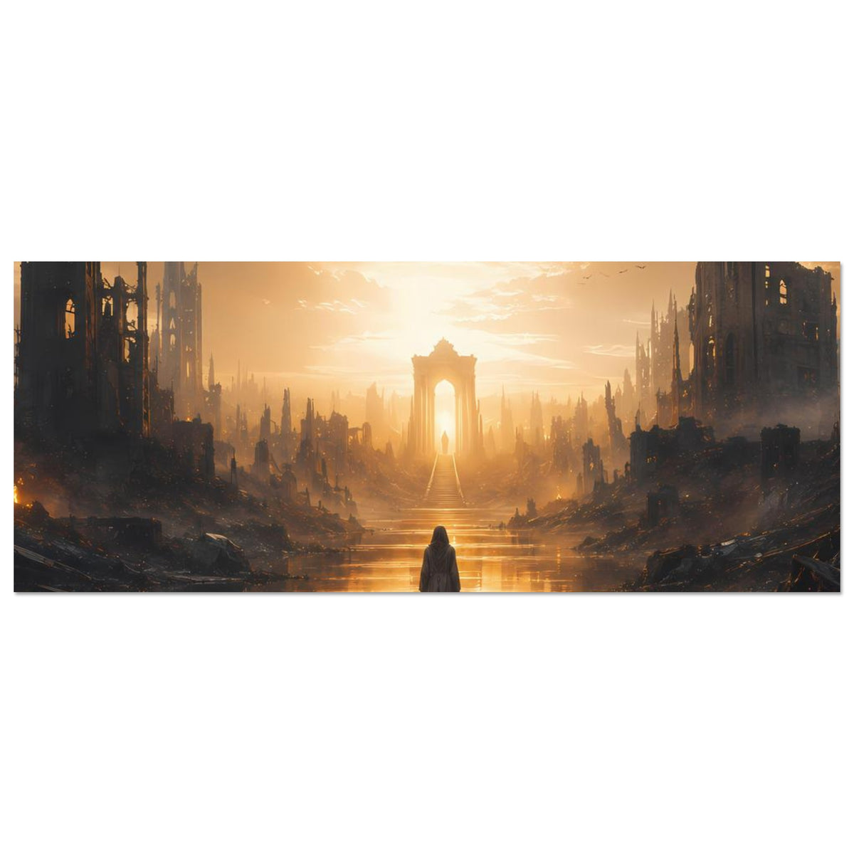 Post-apokalyptisches Stadtlandschafts-Poster, horizontale Ansicht mit Fluss und goldenem Turmstrahl