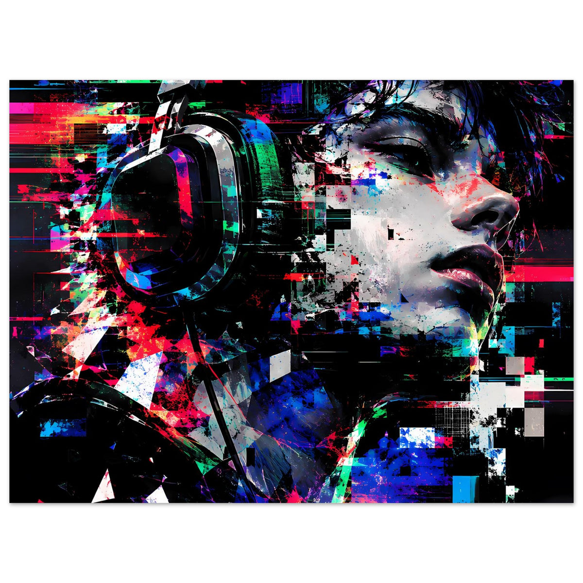 Querformat-Wandposter mit Neonpuls und abstraktem Gesicht, umrandete Glitch-Formen