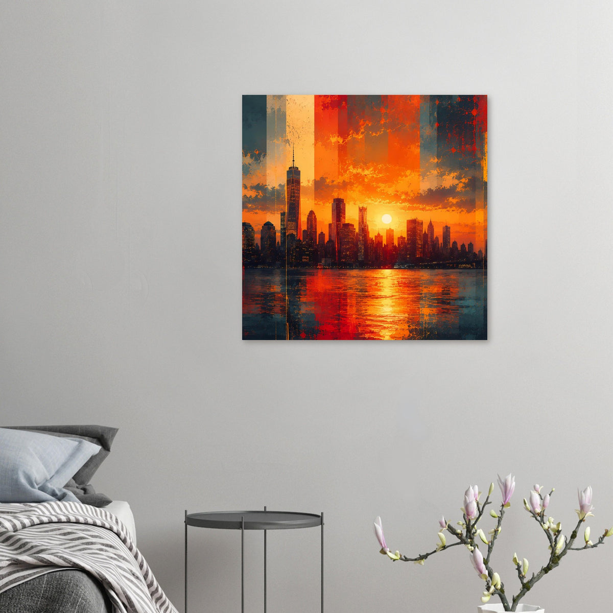 Kleines Poster mit Stadtskyline bei Sonnenuntergang, orange-roter Farbverlauf und Wasserspiegelung