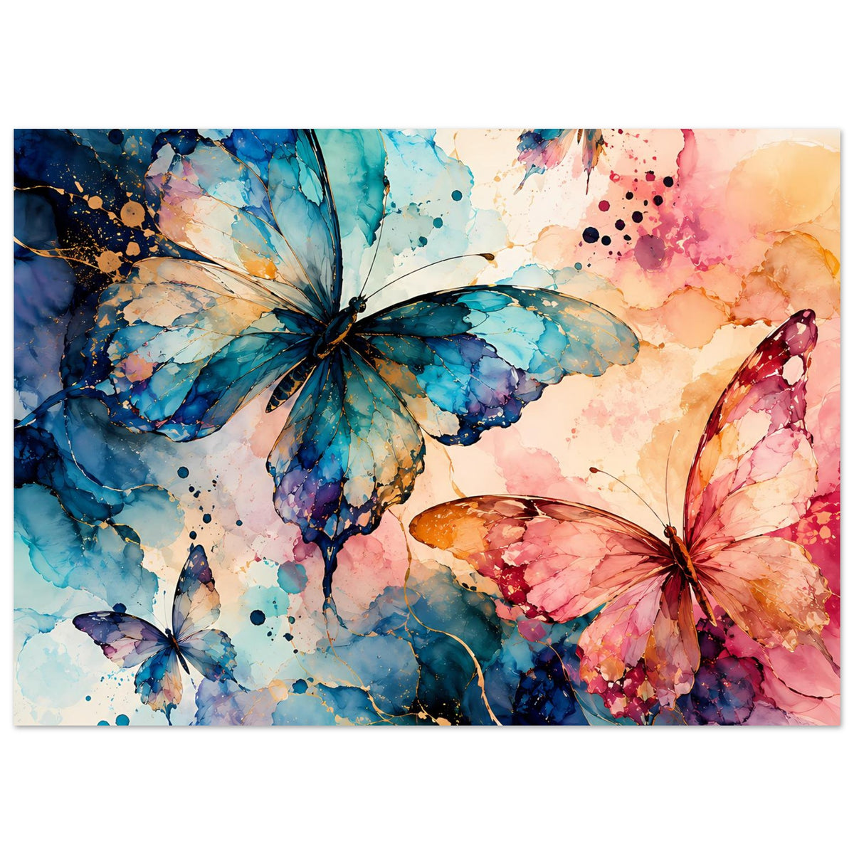 Aquarell-Schmetterlingsposter, horizontales Motiv: große blaue und rosa Falter, Farbverlauf.