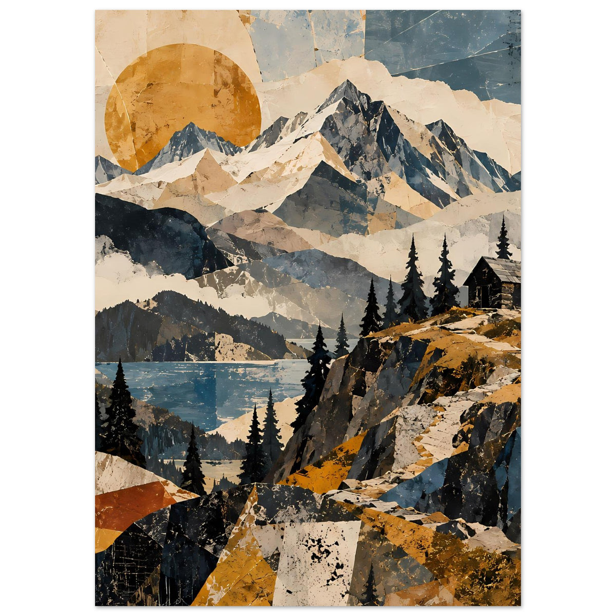 Naturposter mit Felsvorgrund, Tannen, kleiner Hütte am Hang und Sonnenkreis