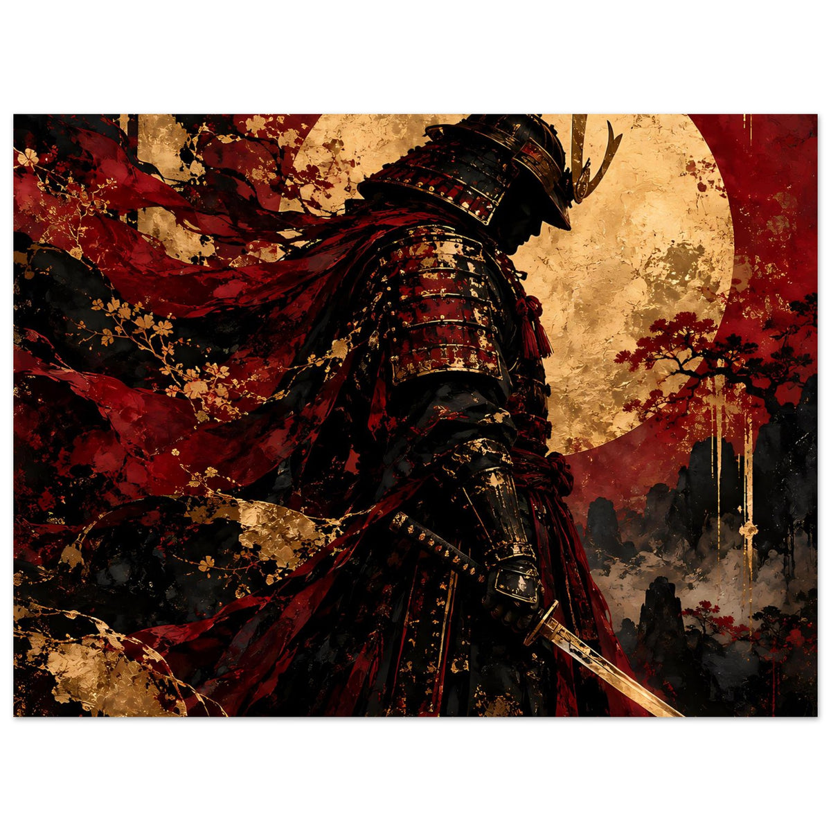 Japan-Poster: Samurai-Krieger mit rotem Umhang, dunkler Rüstung und Katana