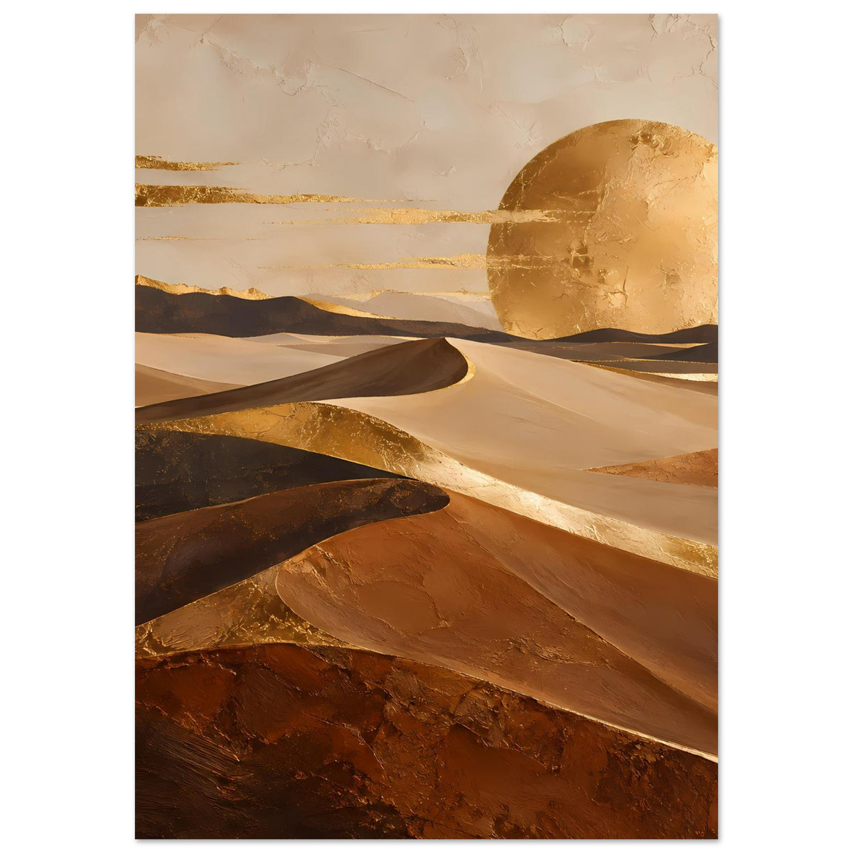 Vertikales Poster mit Wüstenlandschaft: goldene Sonne und wellige Sanddünen