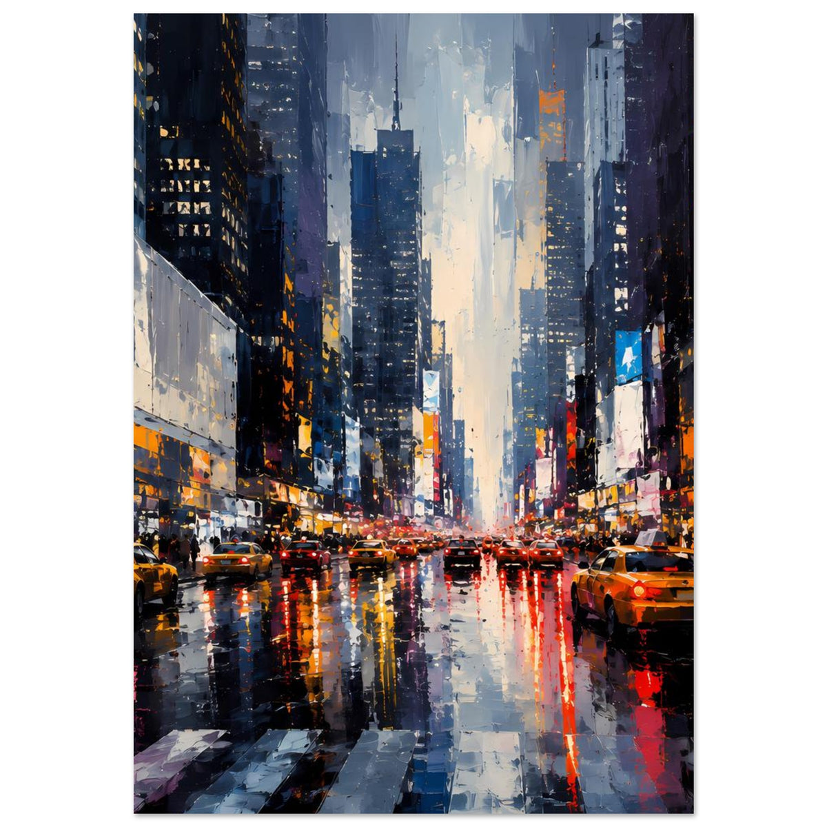 Vertikales Poster mit Skyline über regennasser Straße, Lichterketten und farbige Reflexionen