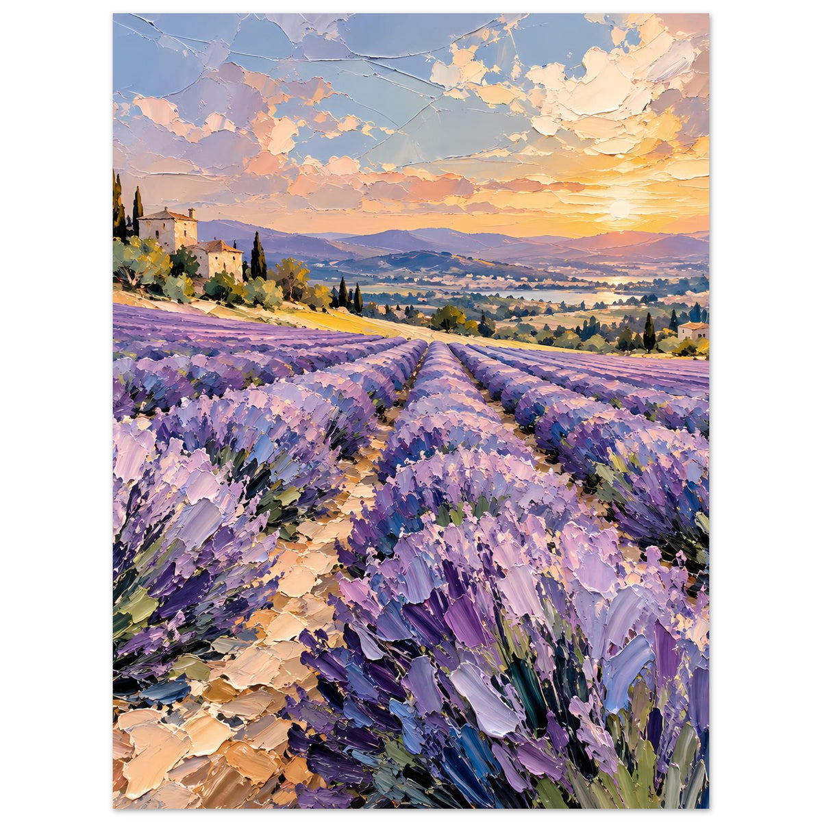Poster: Lavendelfeld-Sonnenuntergang auf mattem Premiumpapier (Hochformat)
