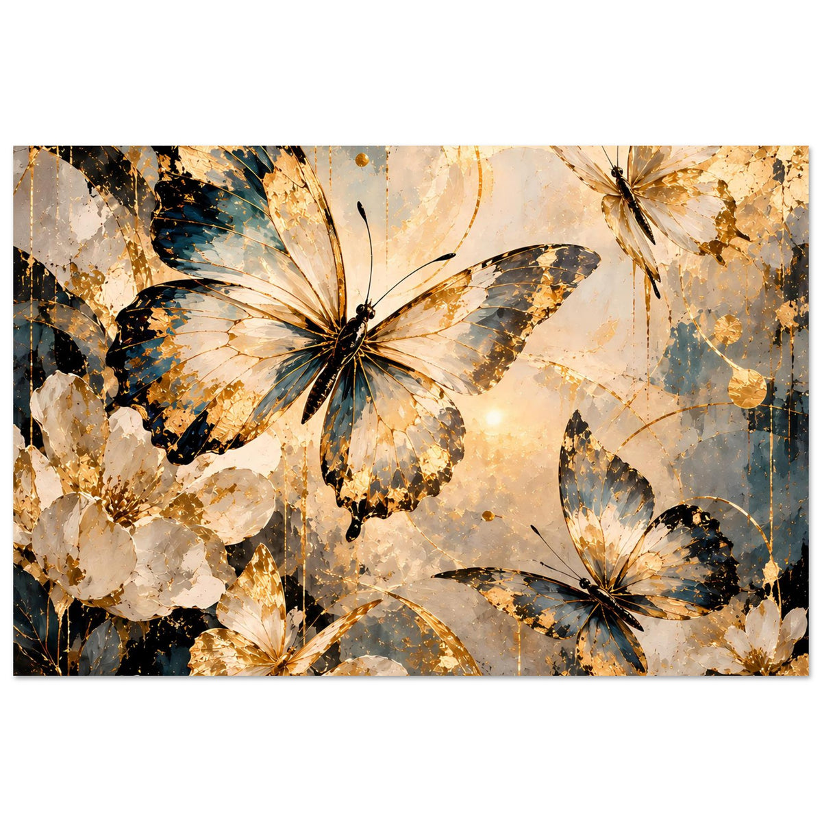 Schmetterlingsposter mit goldenen und blauen Schmetterlingen, zarte Linien und Punkte im Design