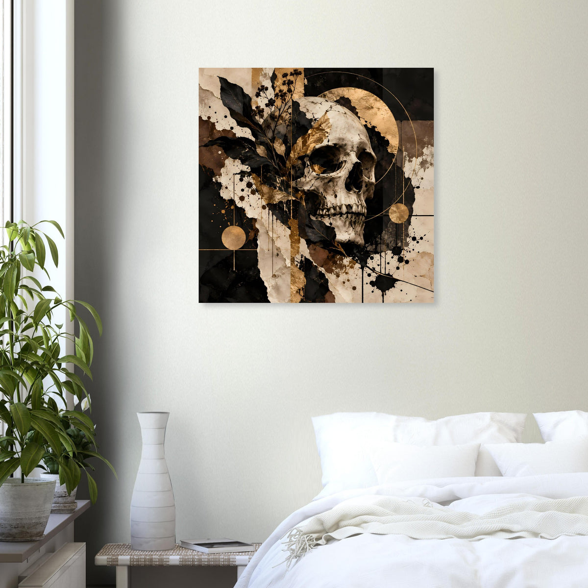 Kunstposter mit Totenschädel in Schwarz-Gold, goldene Ringformen und Sprenkel, quadratisch