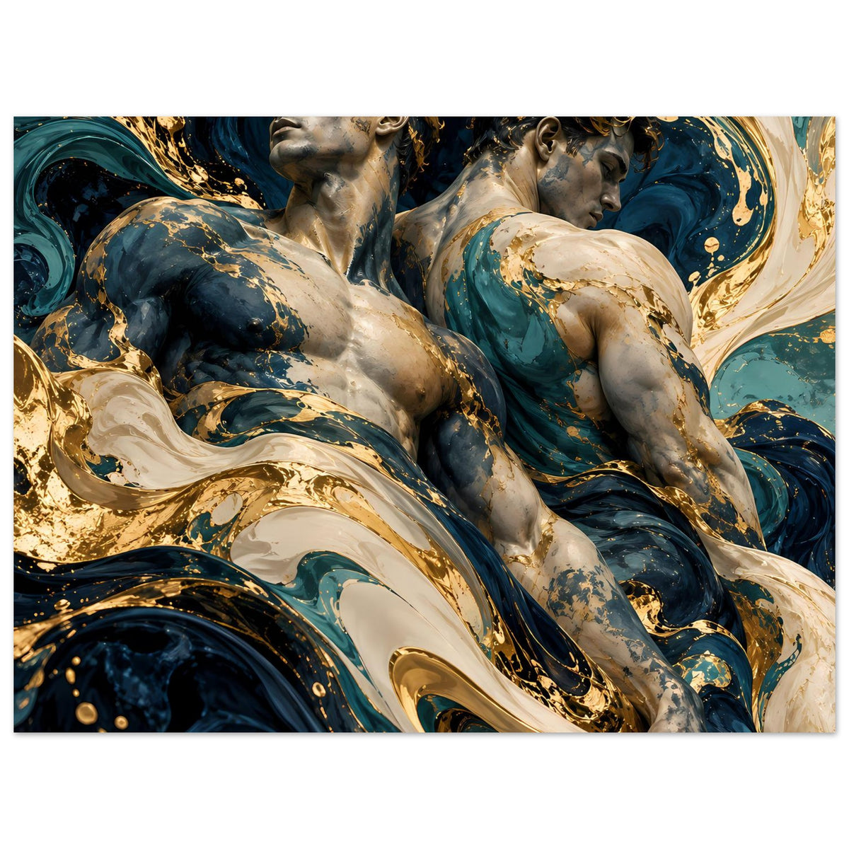 Kunstposter im Querformat mit zwei Figuren, Blau und Gold, goldene Pinselstriche