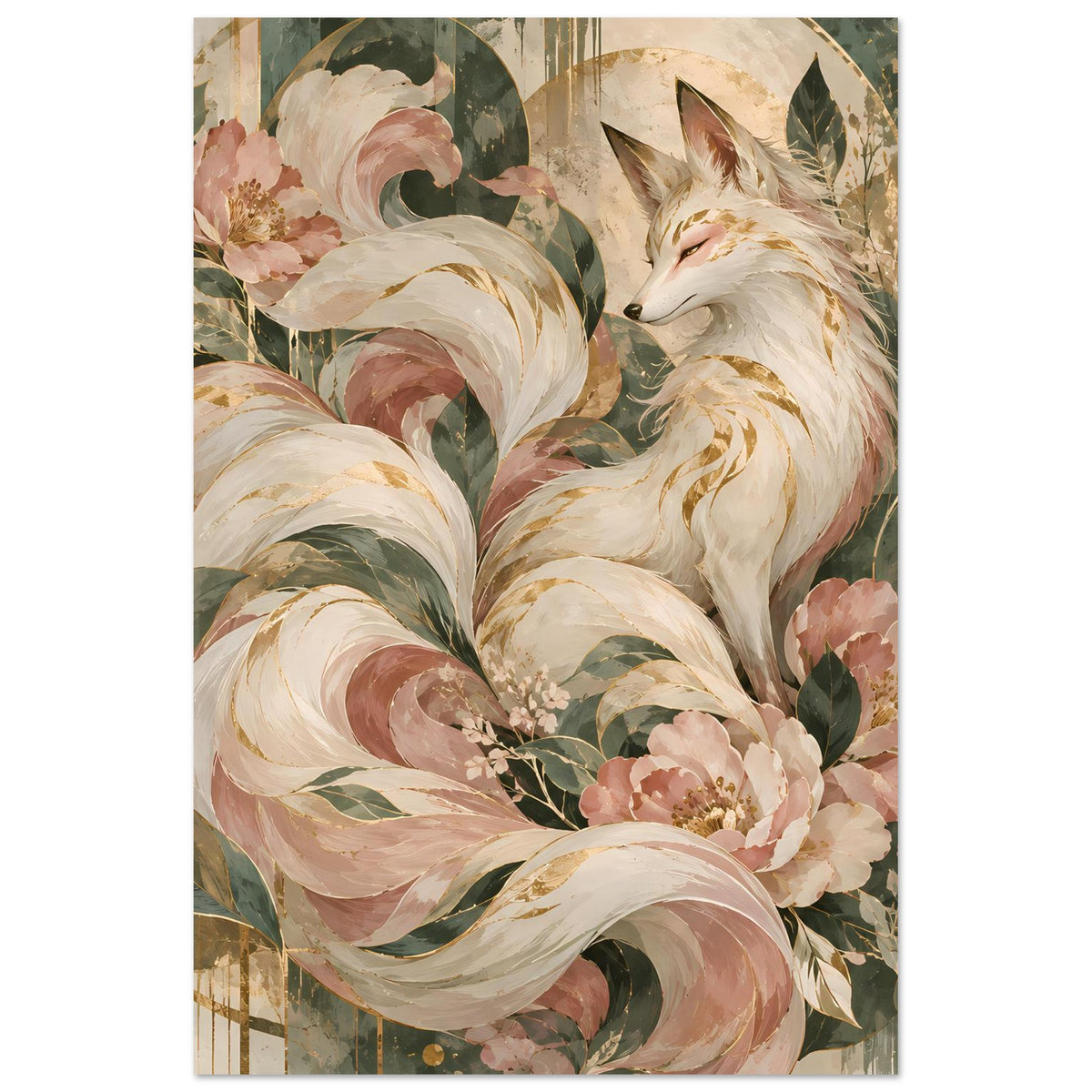 Vertikales Poster mit Fuchsmotiv in Rosé-, Grün- und Goldtönen