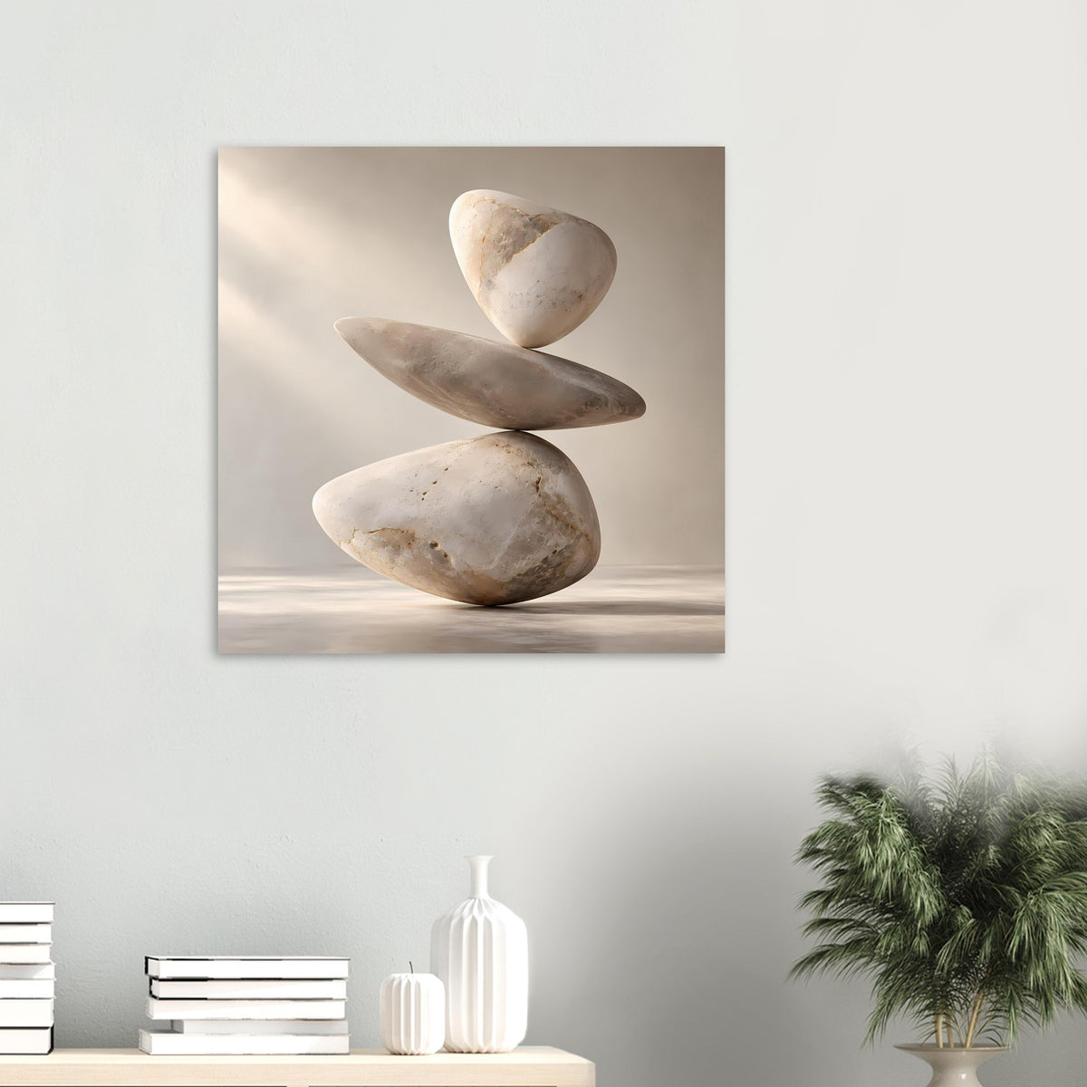 Gerahmter Kunstdruck mit abstrakter Stein-Balance: drei Steine in hellen Beige- und Grautönen