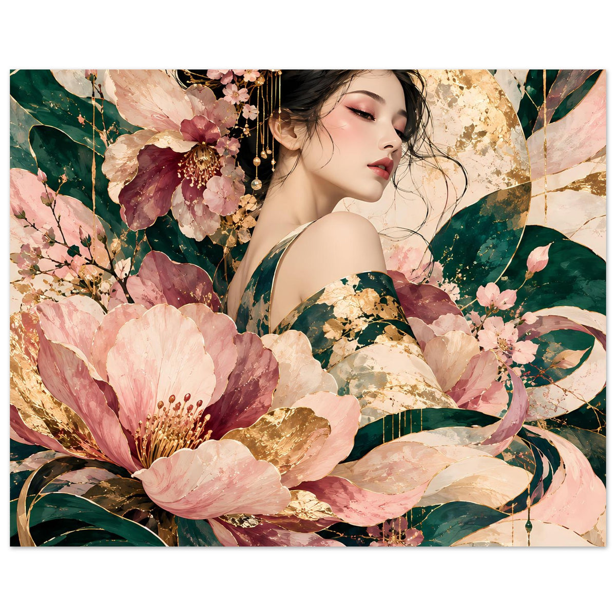 Florales Poster mit Frau und Blüten in Rosé, Grün und Gold