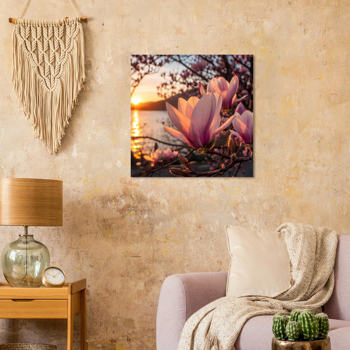 Blumenposter mit rosa Magnolienblüten und goldenem Abendhimmel, quadratisch an Wand