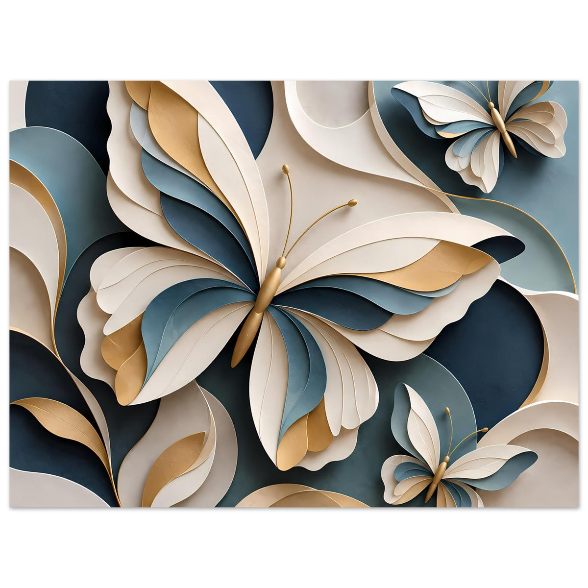 Breites Schmetterlingsposter: große Flügel im Vordergrund, Details in Blau, Gold und Beige