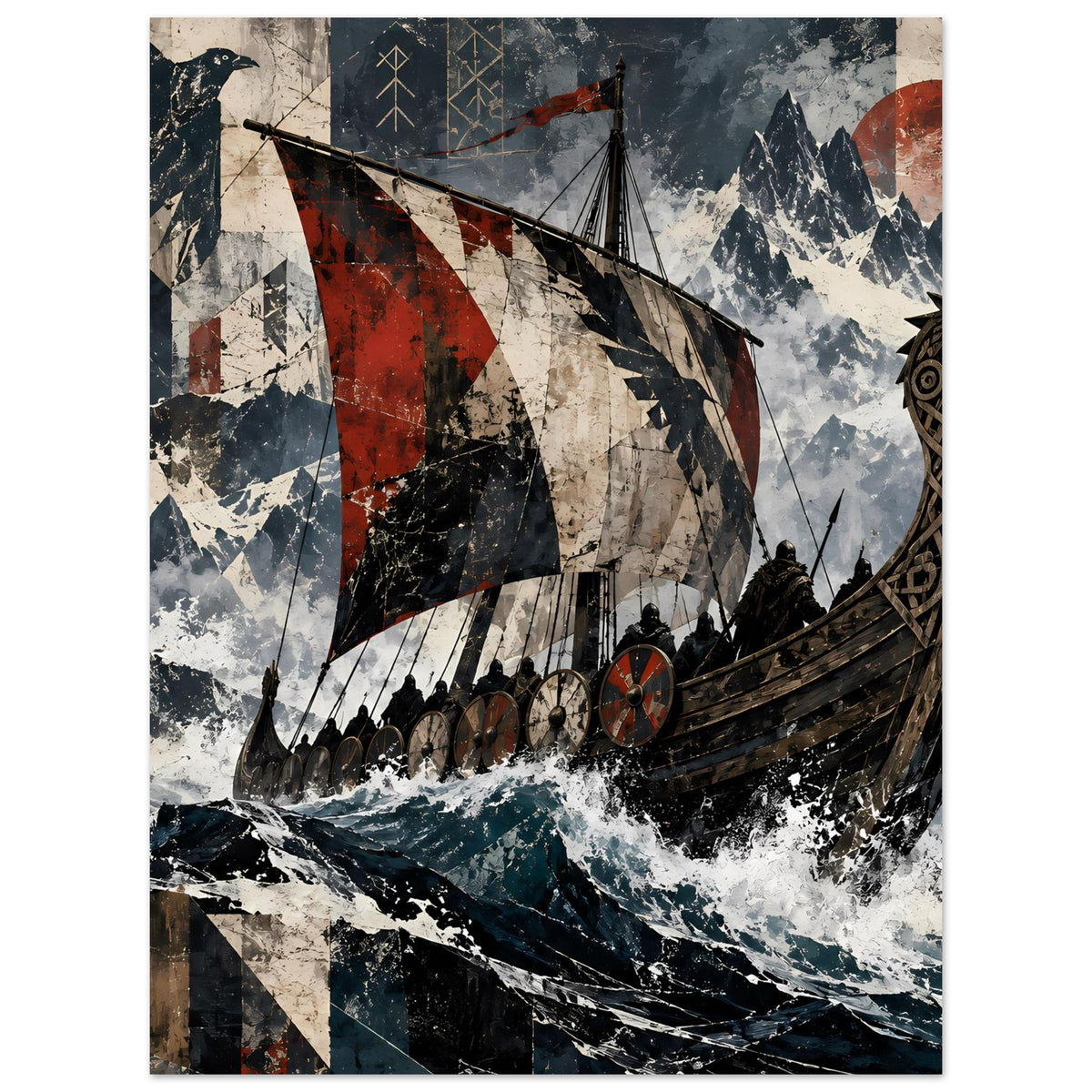 Wikingerschiff-Poster im Hochformat: Langschiff mit rot-schwarzen Segeln und detailliertem Holzrumpf