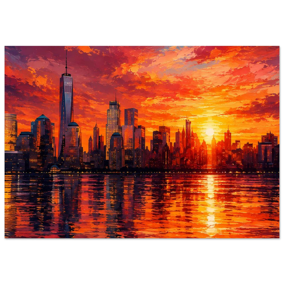 Querformat-Poster mit New York Skyline, One World Trade Center und Sonnenuntergang im Wasser