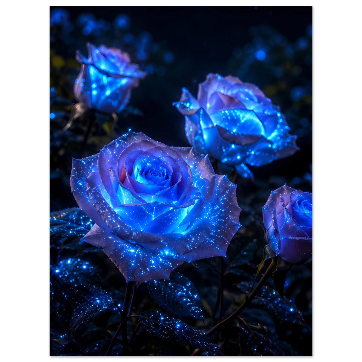 Leuchtendes Rosen-Poster mit blauen leuchtenden Rosenblüten und Funken-Glanz