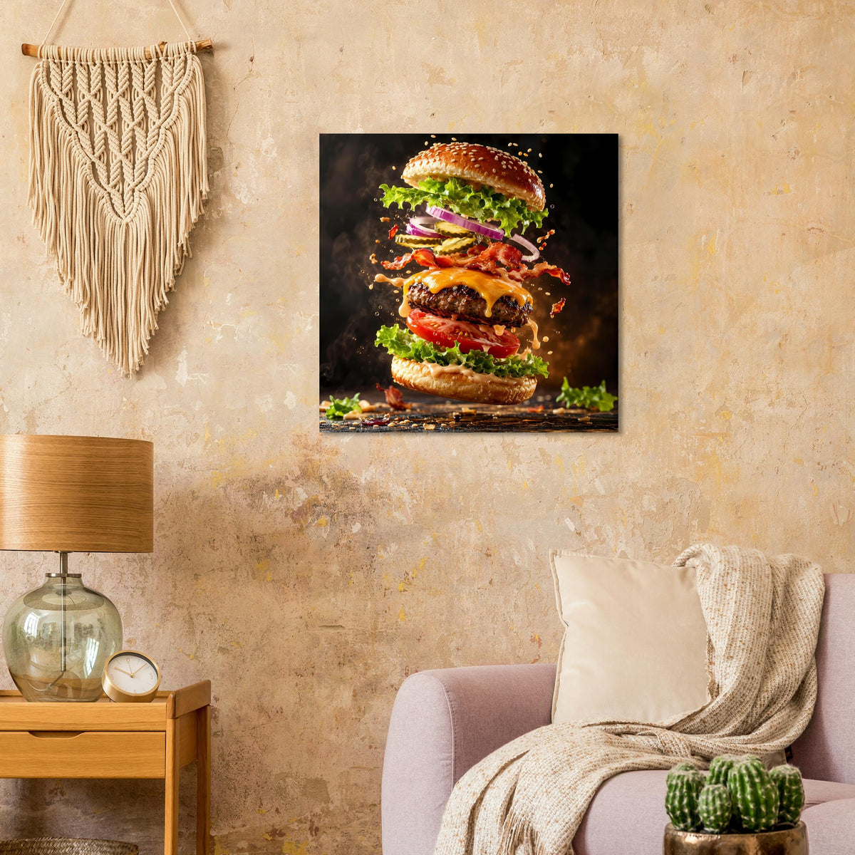 Quadratisches Poster mit gestapeltem Burger-Artwork, farbenfrohen Schichten
