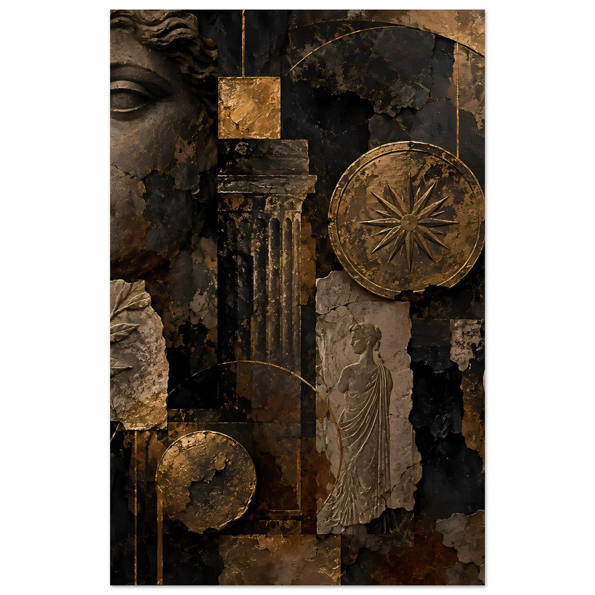 Wandposter mit antikem Profil, Bronzeschale, Säulen und Figur in Dunkelbraun/Schwarz
