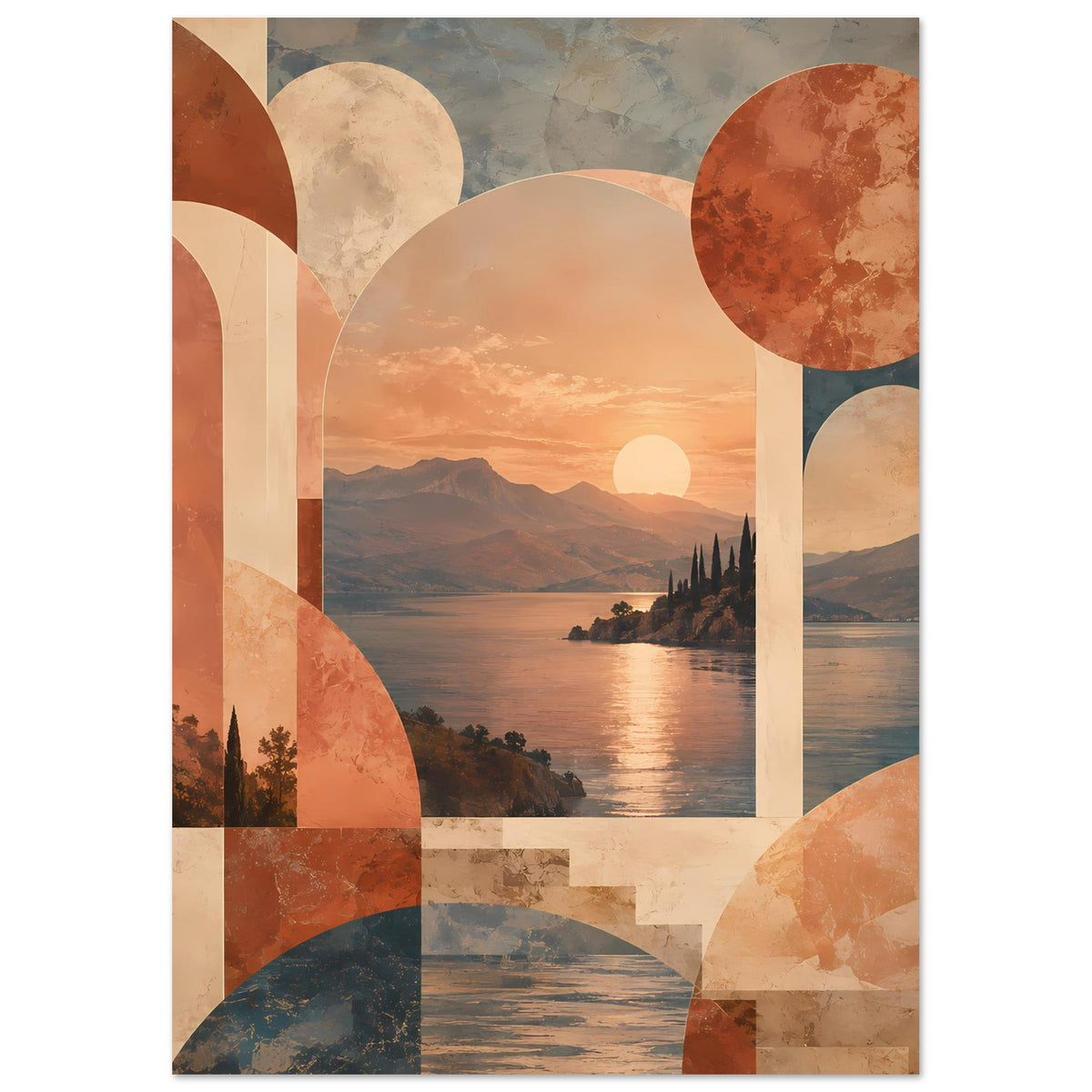 Vertikales Poster mit Sonnenuntergang-Landschaft, warmen Erdtönen und geschwungenen Formen