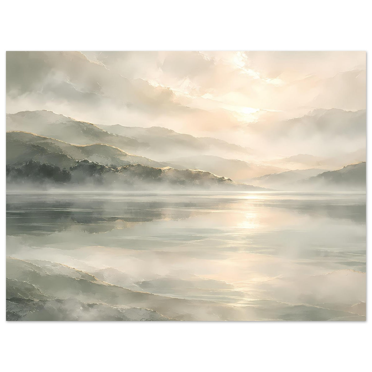 Kunstdruck Poster im Querformat mit Berglandschaft, Nebelschleiern über dem See und Sonnenreflexen