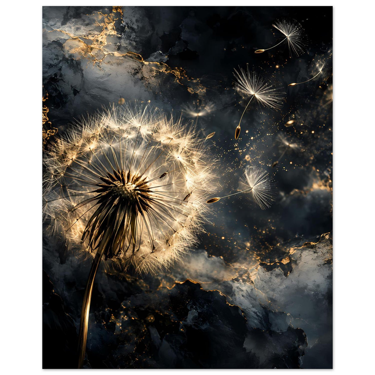Mattes Poster mit goldener Pusteblume, Sternfunken-Dekor, Hochformat im schwarzen Rahmen
