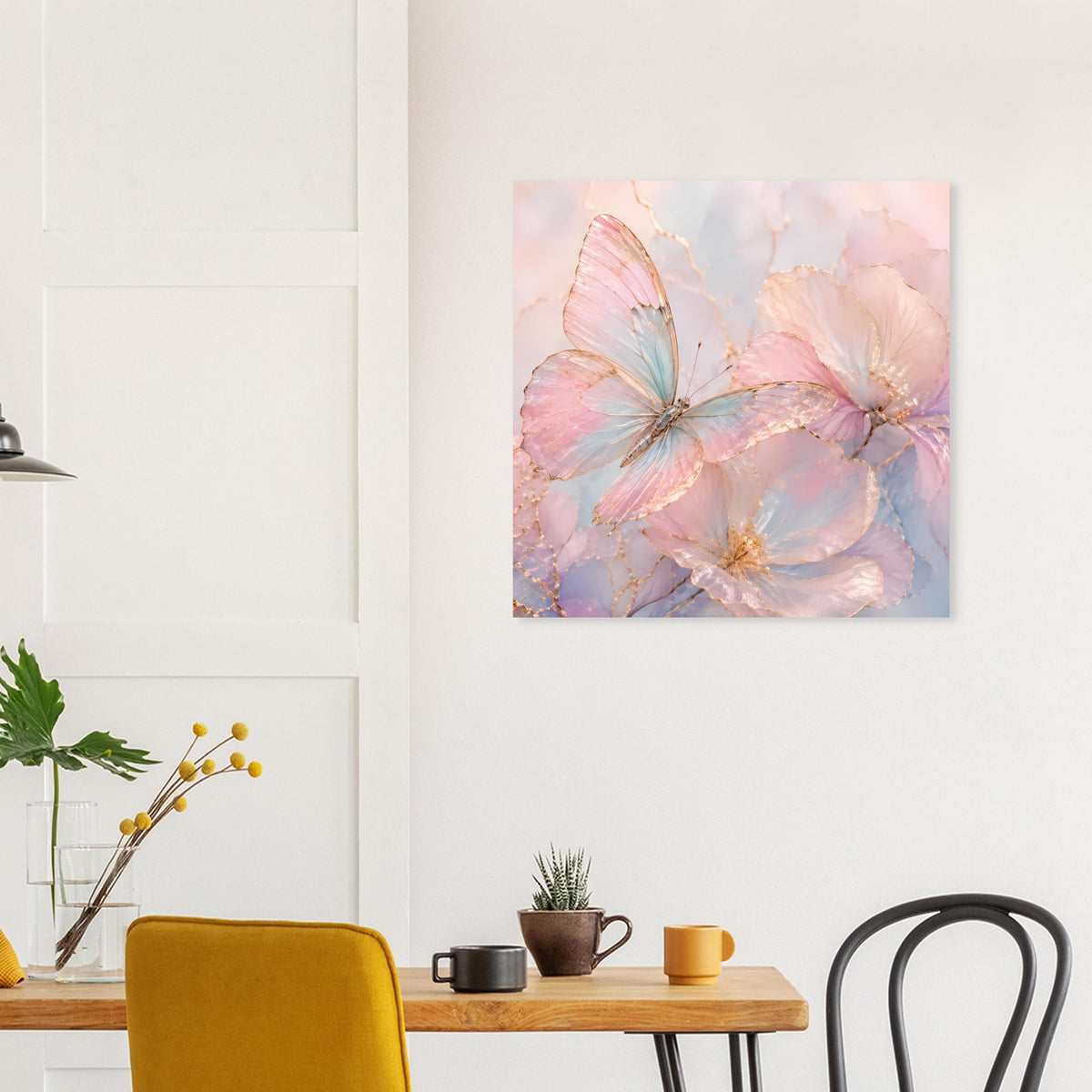 Aquarell-Poster mit Schmetterlingen in Rosé- und Blautönen