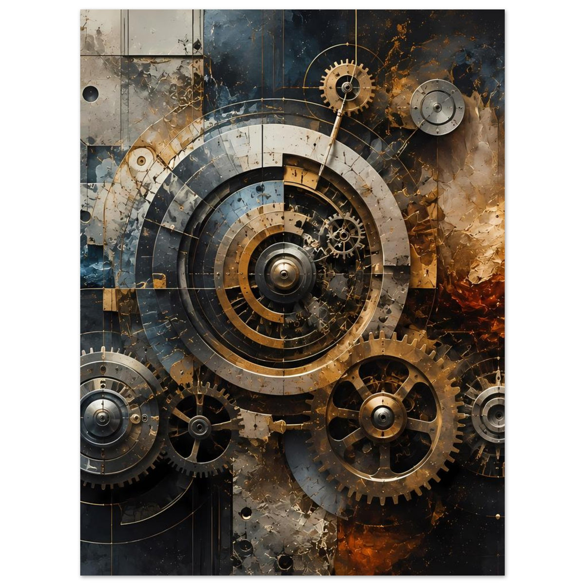 Steampunk-Gear-Poster mit großem Uhrwerksrad und kleineren Zahnrädern, warmes Metall