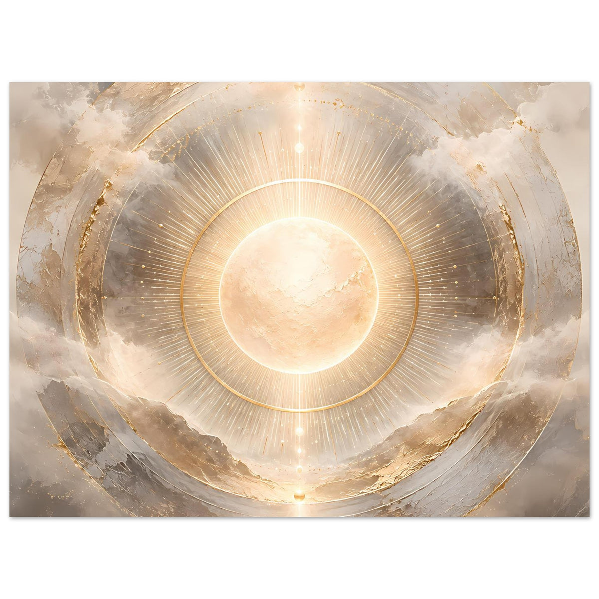 Kosmos-Poster: goldene Kreisringe und feine Strahlen um eine helle Sonnenscheibe
