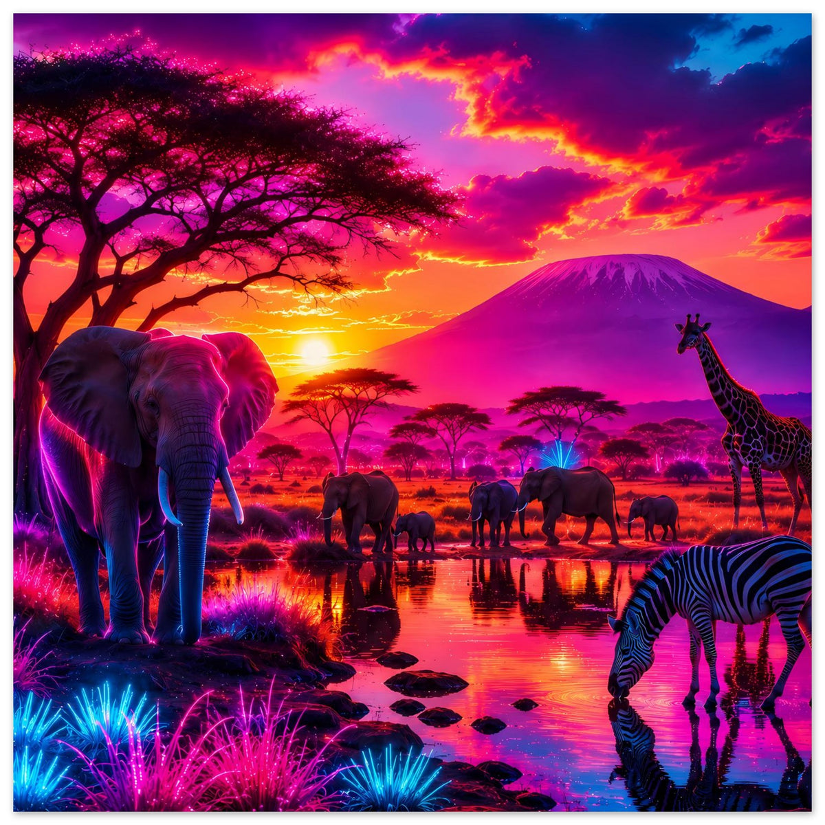 Wildlife-Poster mit Elefanten, Giraffe, Zebra, Spiegelung im Wasser und leuchtendem Gras